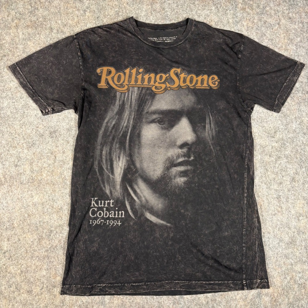 Rolling Stone Kurt Cobain T-Shirt Mens L Black Acid Wash Graphic Tee Nirvana